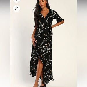 Lulus Wild Winds Black Floral Print High-Low Wrap Dress